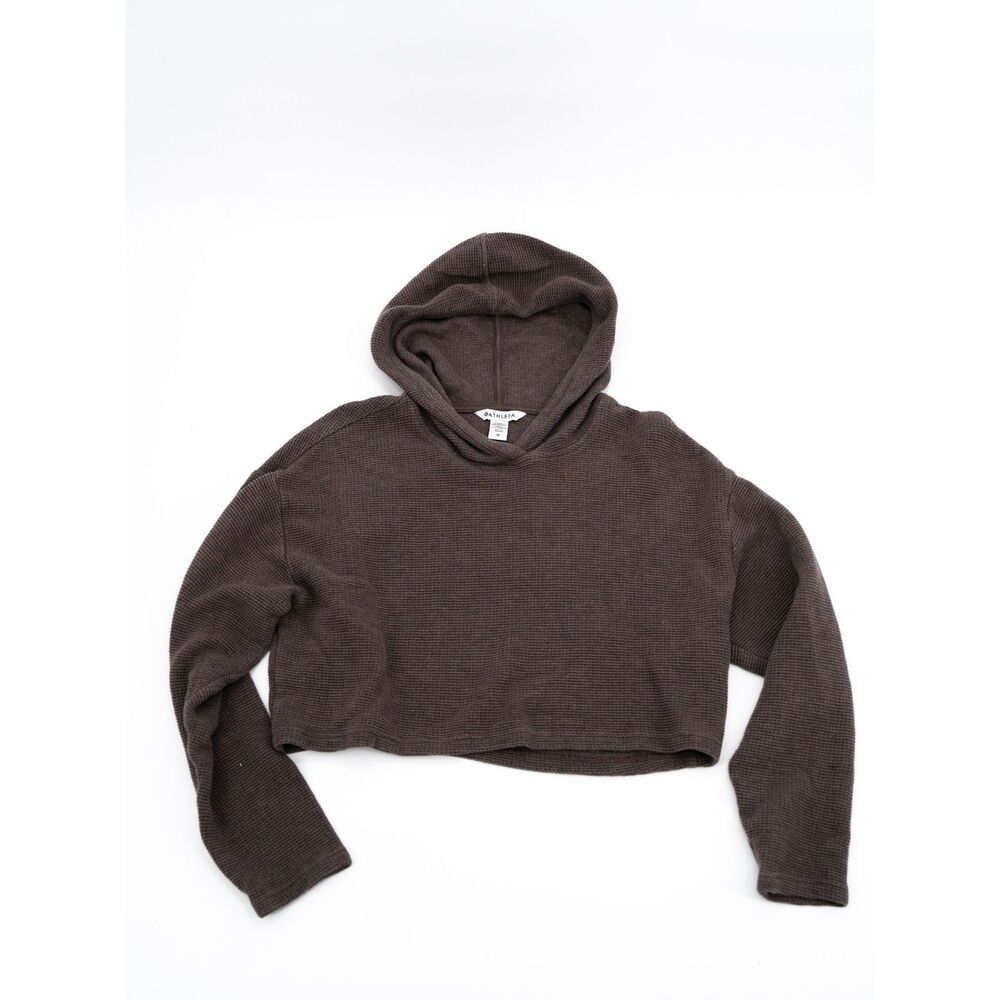 Athleta Womens M Cropped Hoodie Waffle Brown Long Sleeve Sweatshirt Top